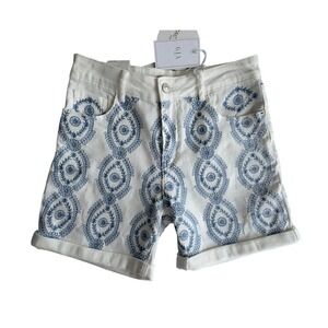 Zac & Zoe Paris Embroidered White Denim Shorts Blue Paisley M/38 NWT